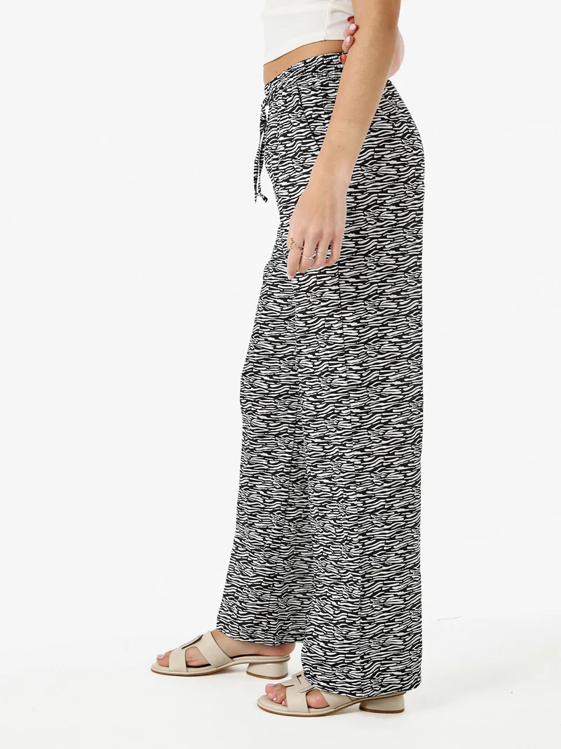 Pantaloni donna in cotone a gamba larga zebrati con coulisse - nero