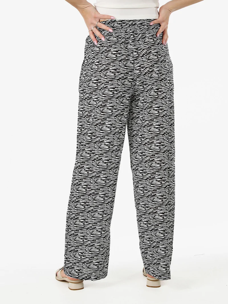 Pantaloni donna in cotone a gamba larga zebrati con coulisse - nero