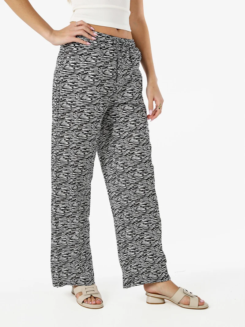 Pantaloni donna in cotone a gamba larga zebrati con coulisse - nero