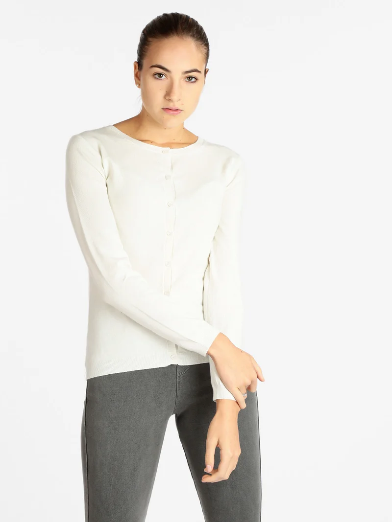 Cardigan girocollo da donna con bottoni - panna