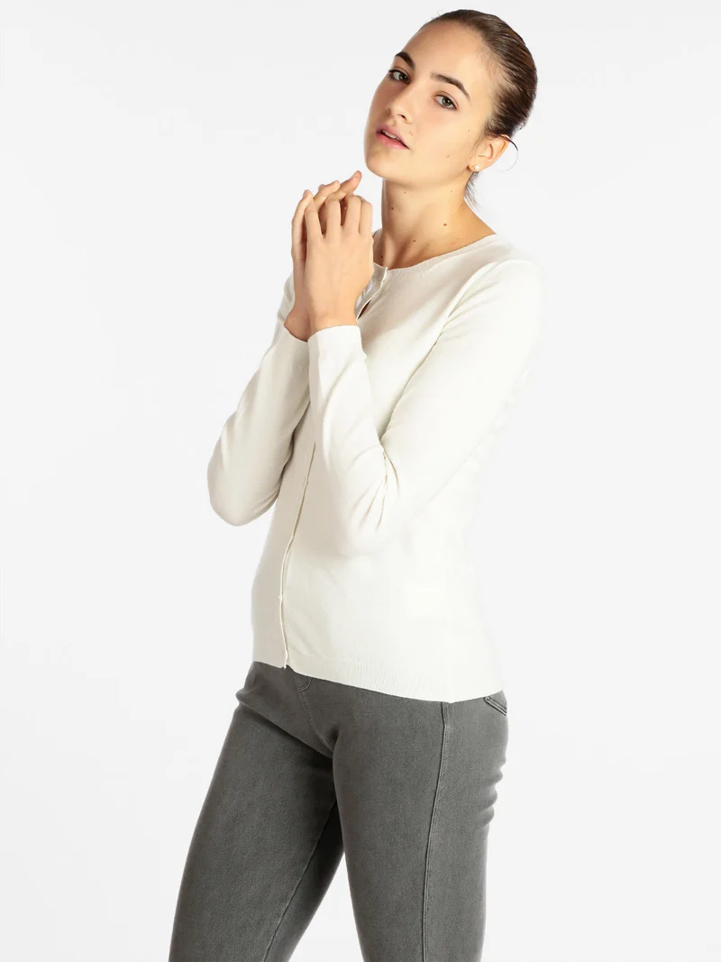 Cardigan girocollo da donna con bottoni - panna