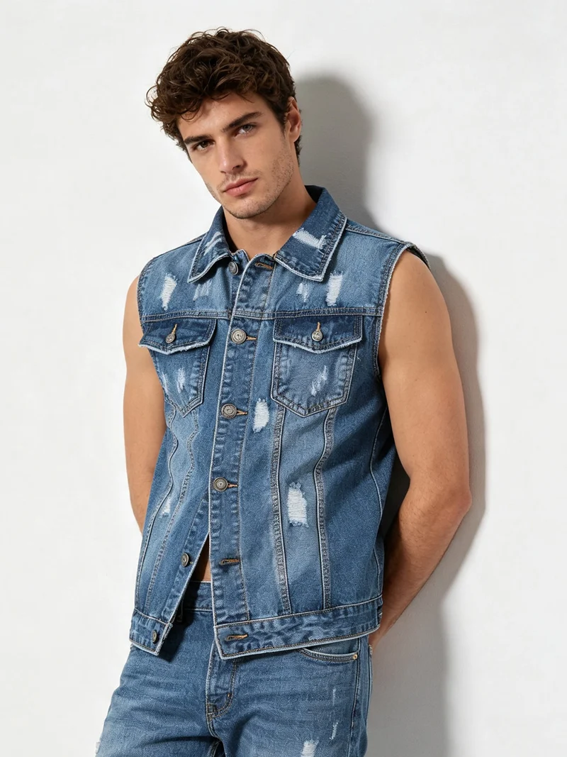 Gilet in jeans da uomo con strappi - jeans