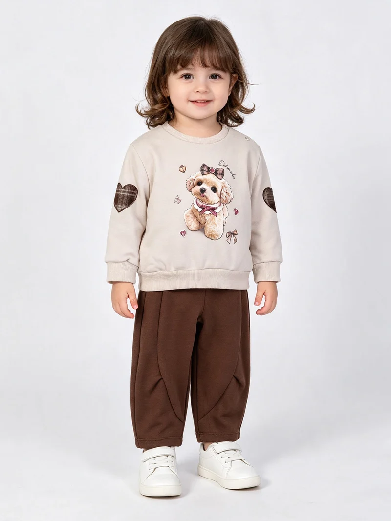 Completo 2 pezzi da neonata con felpa girocollo e pantaloni - sabbia
