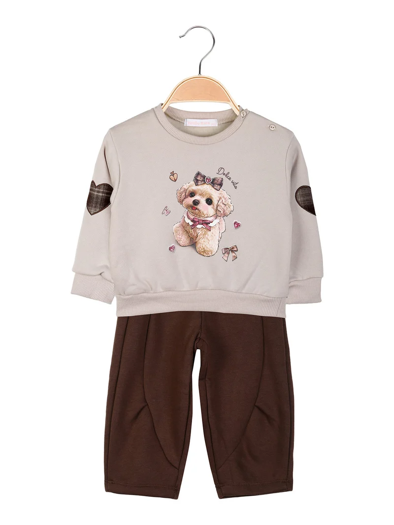 Completo 2 pezzi da neonata con felpa girocollo e pantaloni - sabbia