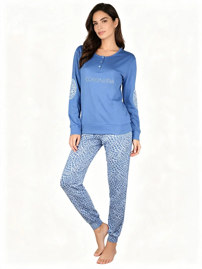 Pigiama lungo da donna in cotonte interlock con strass - avion