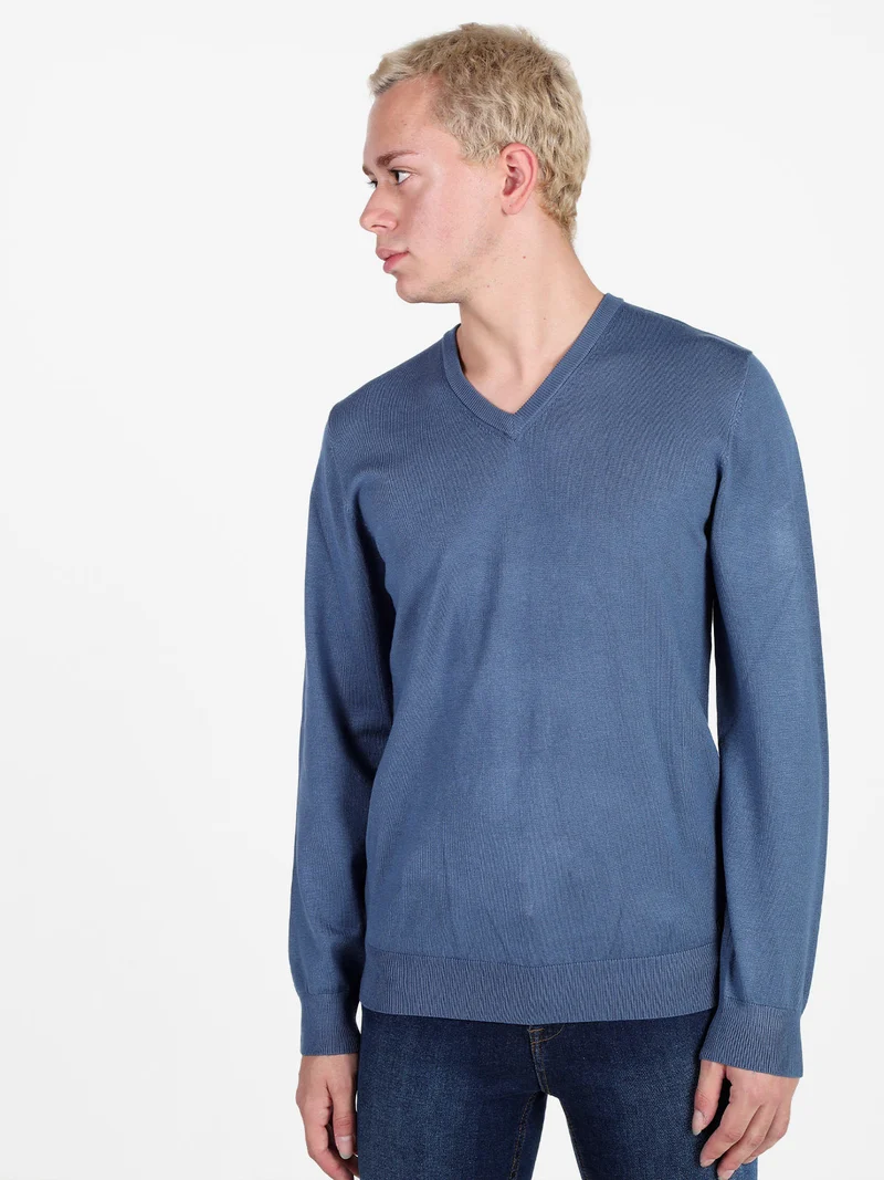 Pullover da uomo in maglia con scollo a V - blu