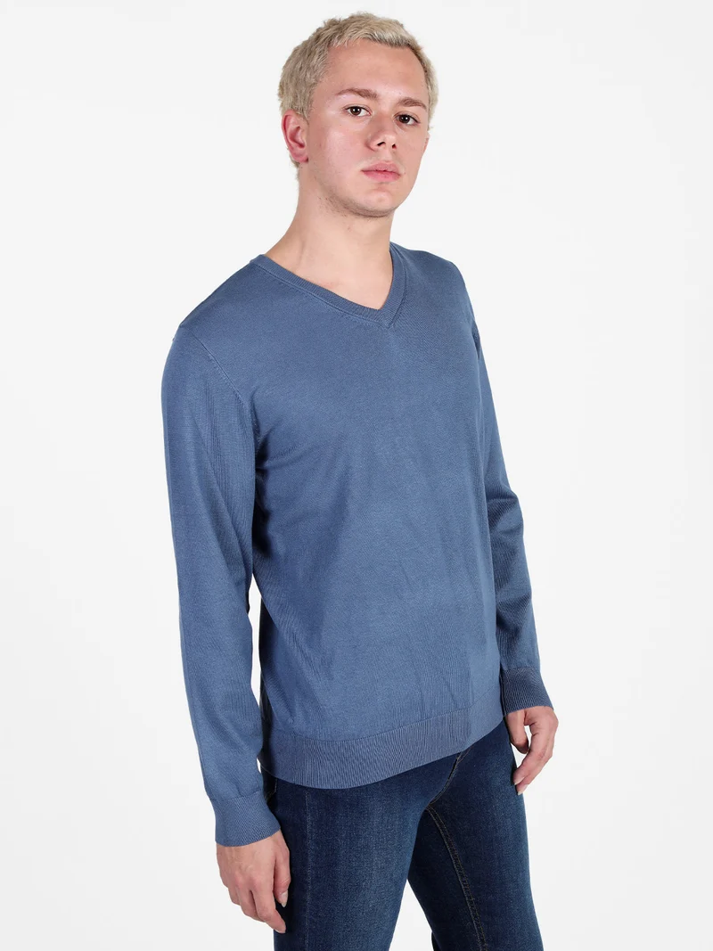 Pullover da uomo in maglia con scollo a V - blu