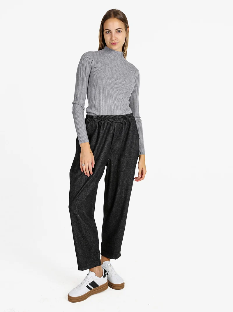 Pantaloni donna a cavallo basso con elastico in vita - nero