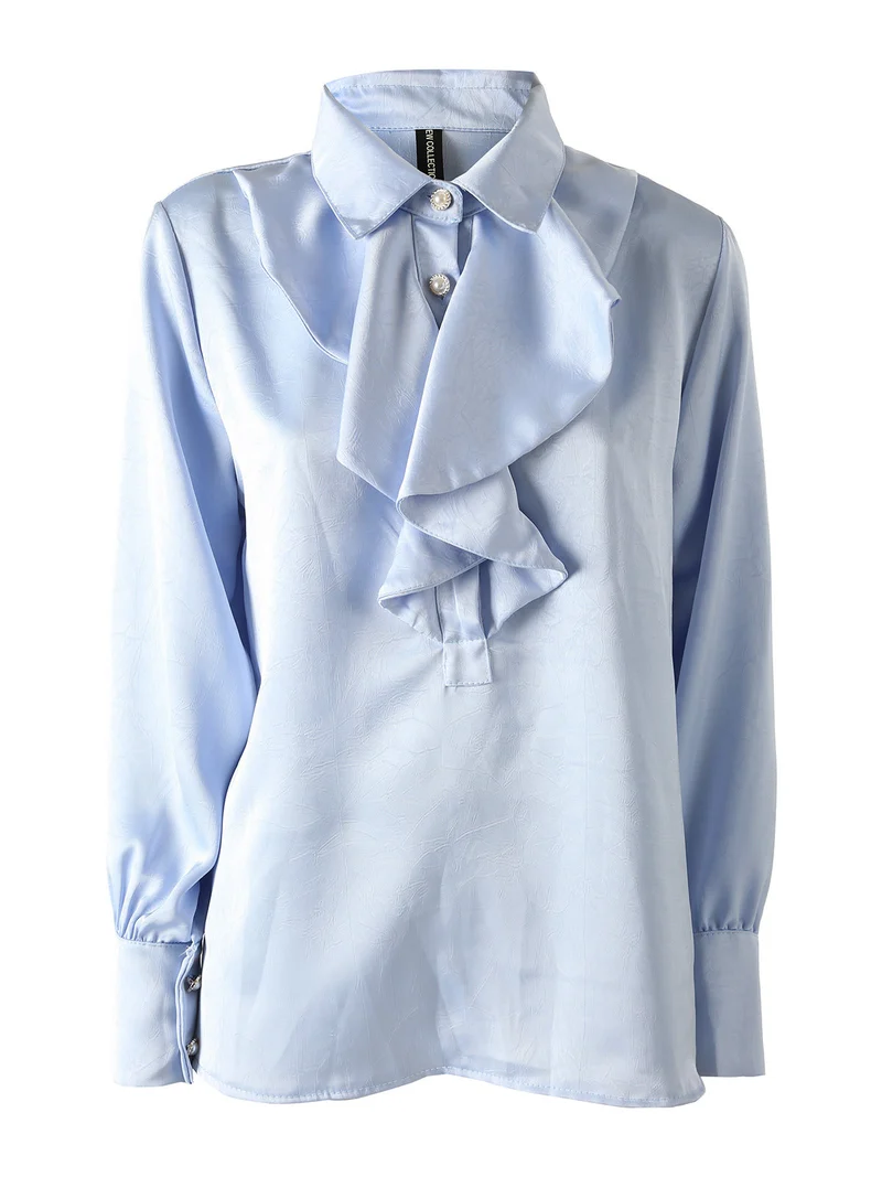Blusa donna con bottoni di perle e volant sullo scollo - azzurro