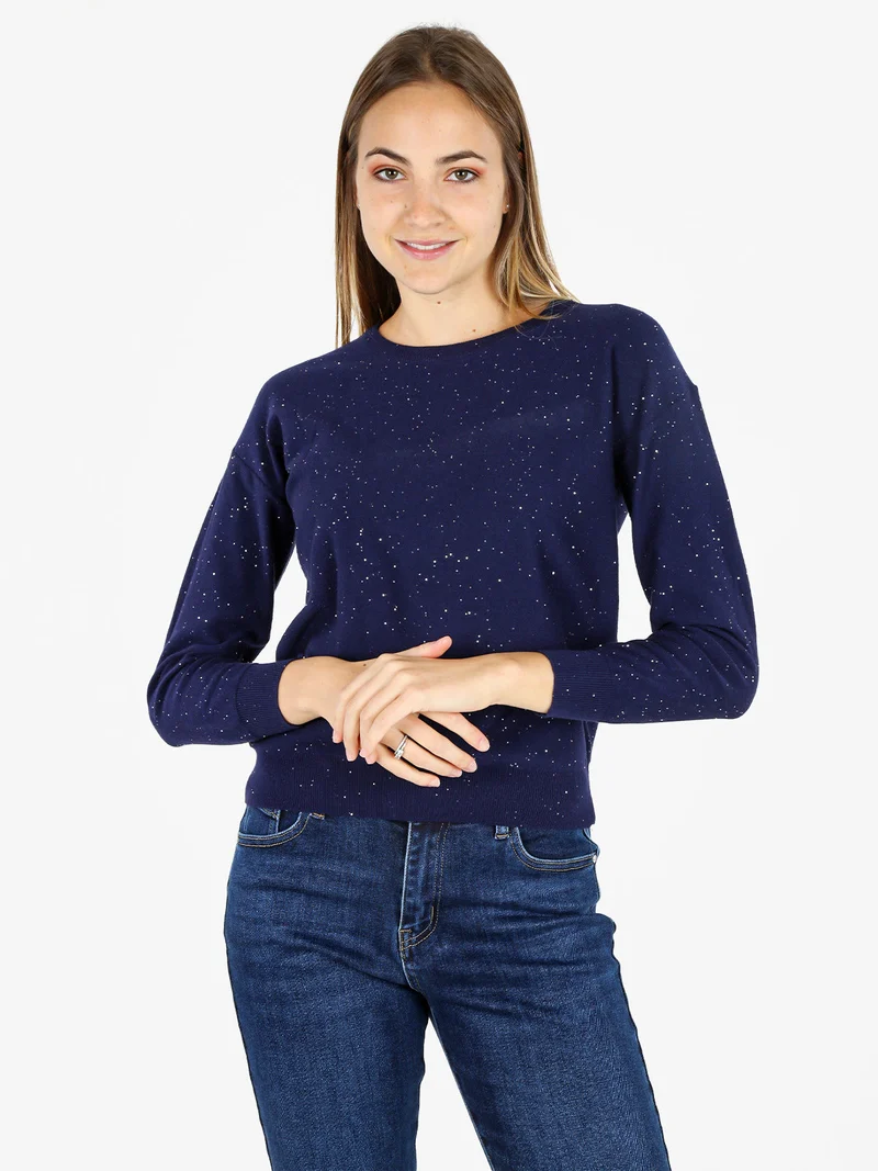 Pullover donna girocollo con strass - blu
