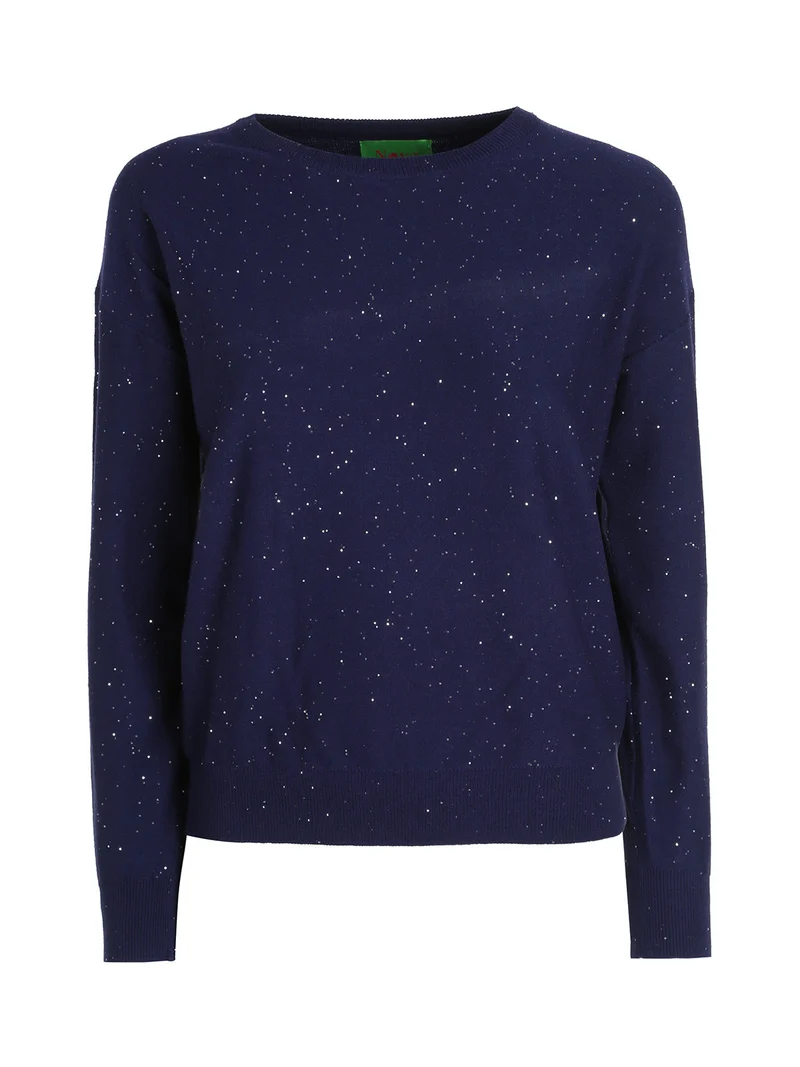 Pullover donna girocollo con strass - blu