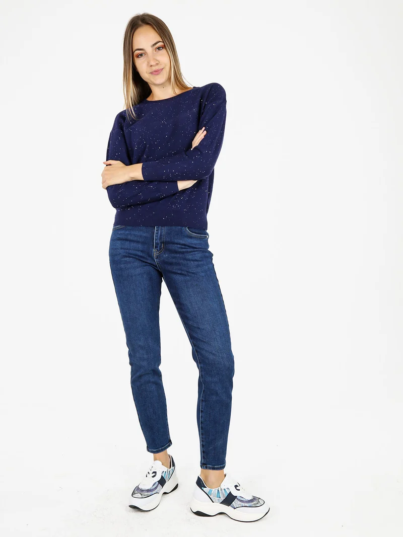 Pullover donna girocollo con strass - blu