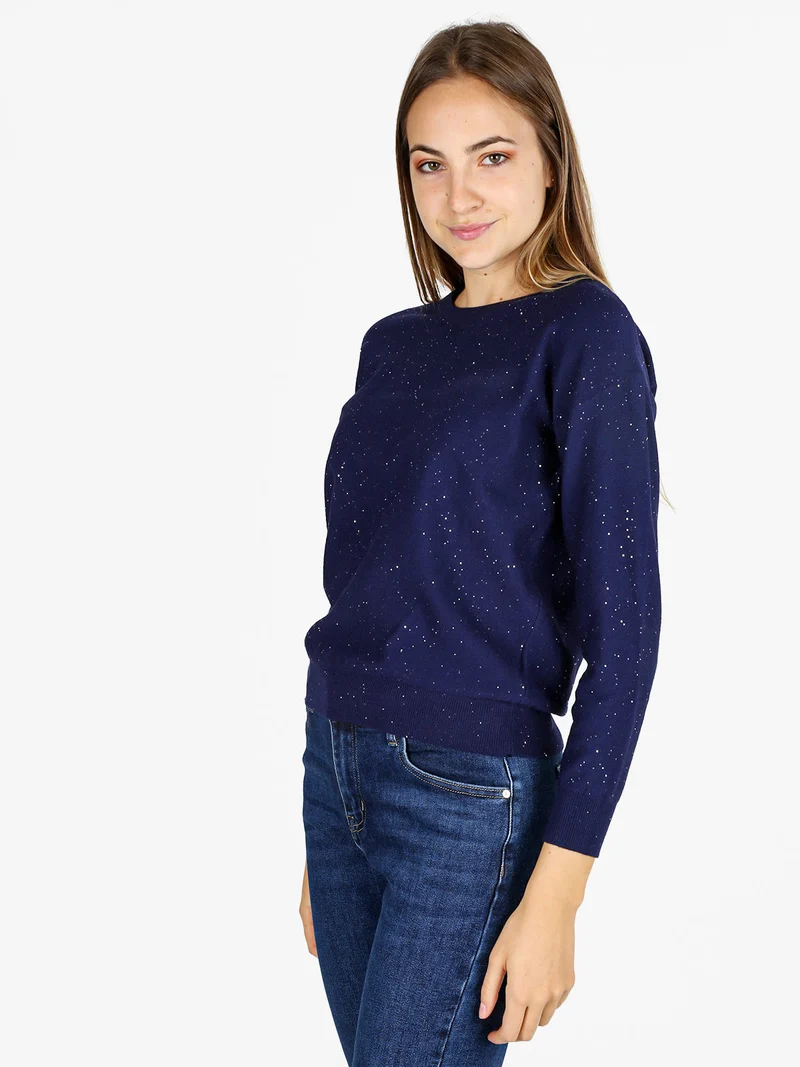 Pullover donna girocollo con strass - blu
