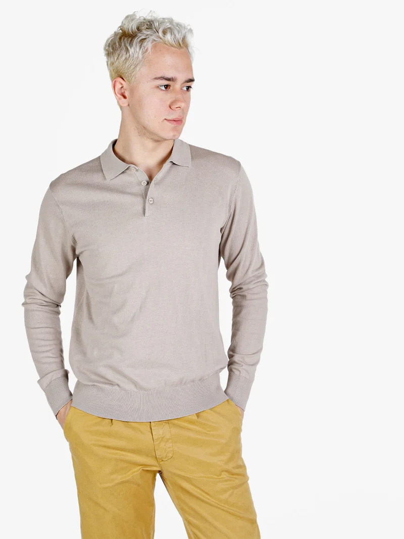Polo da uomo in maglia a maniche lunghe - sabbia