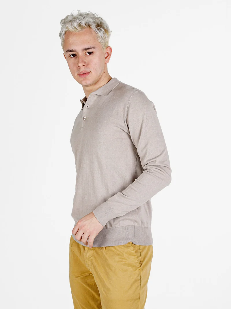 Polo da uomo in maglia a maniche lunghe - sabbia