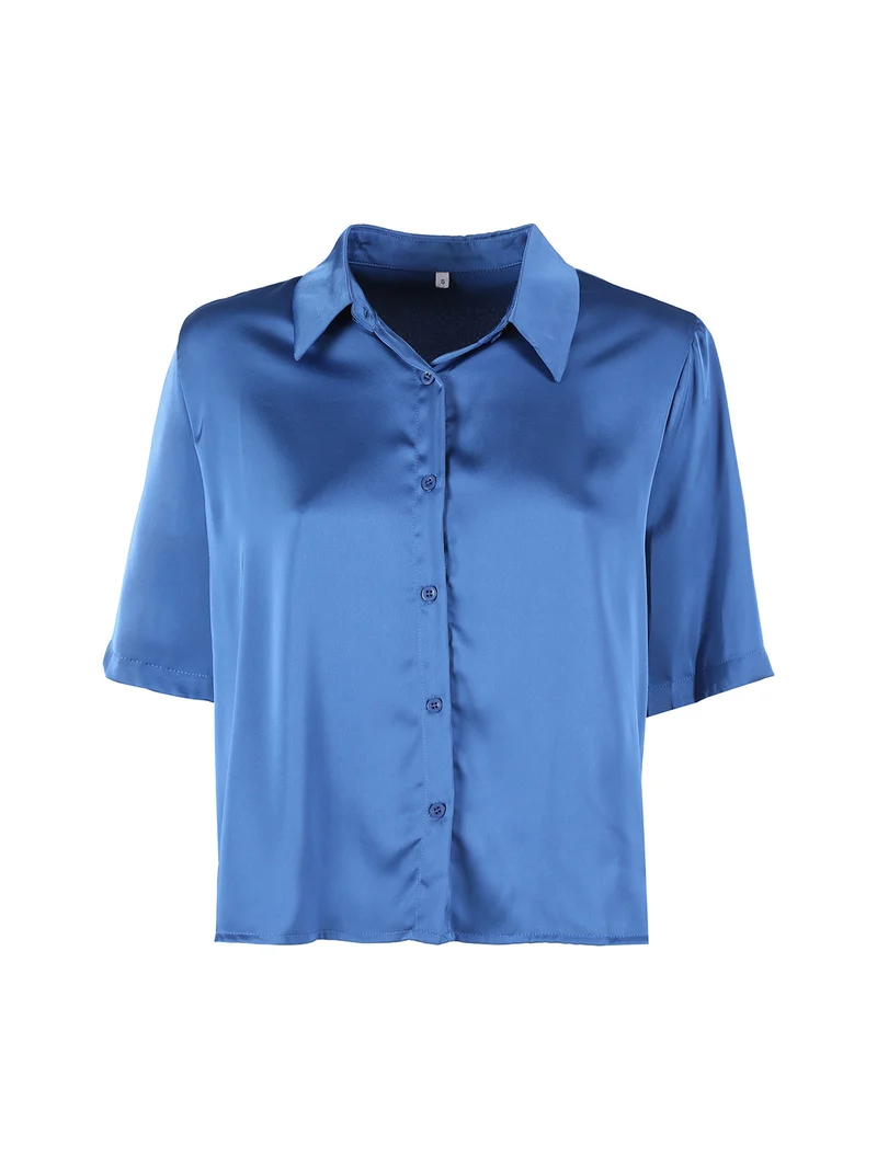 Camicia donna a maniche corte effetto raso - blu