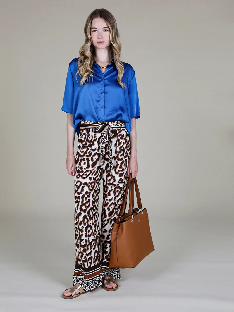 Camicia donna a maniche corte effetto raso - blu