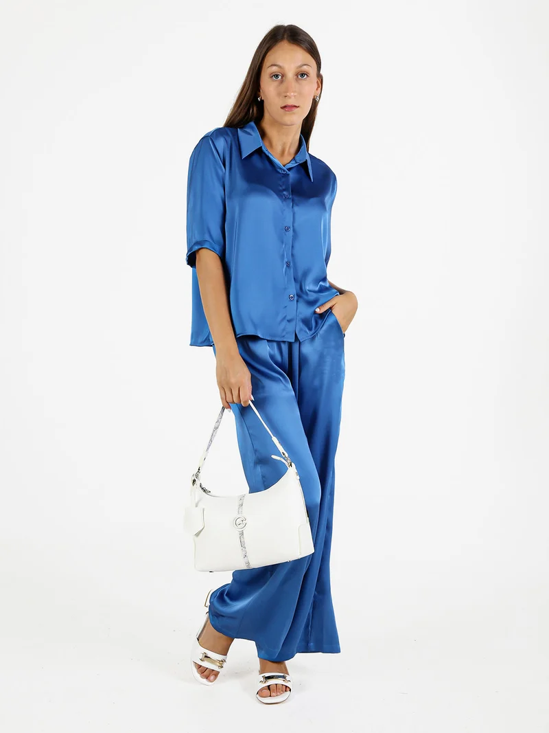 Camicia donna a maniche corte effetto raso - blu
