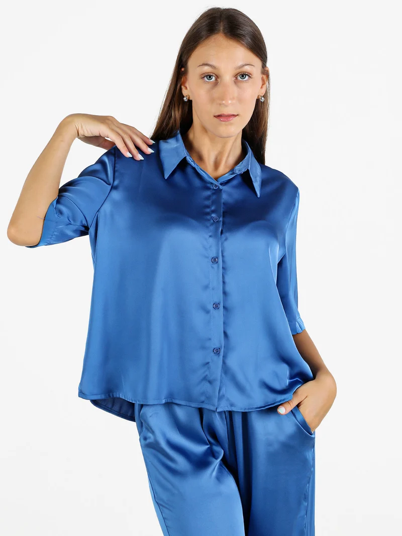 Camicia donna a maniche corte effetto raso - blu