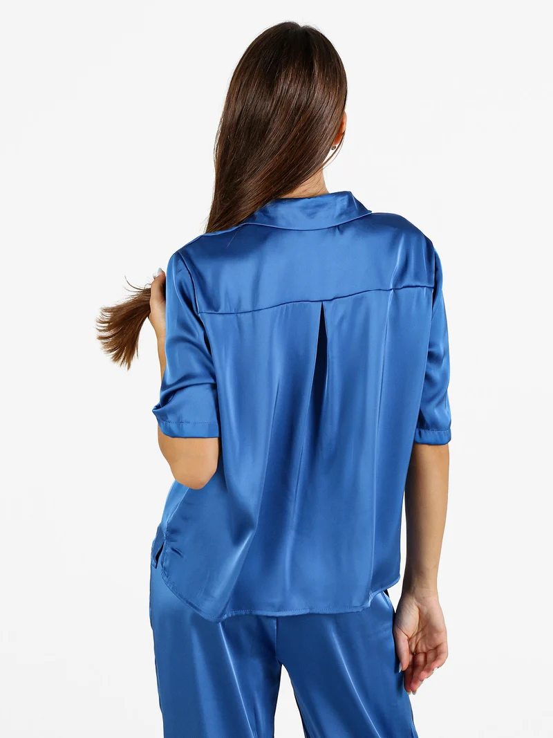 Camicia donna a maniche corte effetto raso - blu