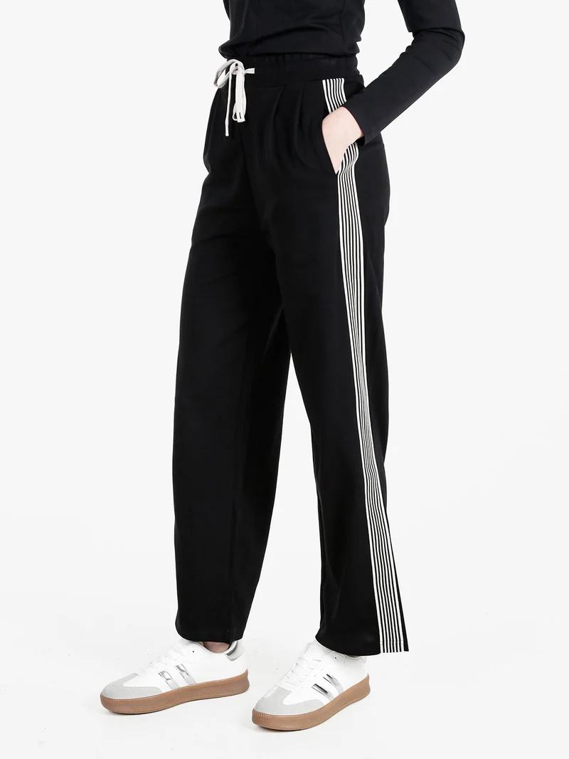 Pantaloni donna con coulisse e strisce laterali - nero