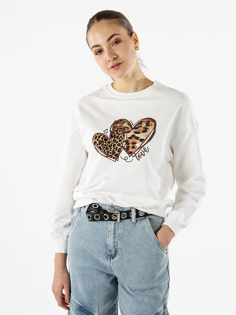 Felpa donna girocollo con stampa cuori animalier - bianco