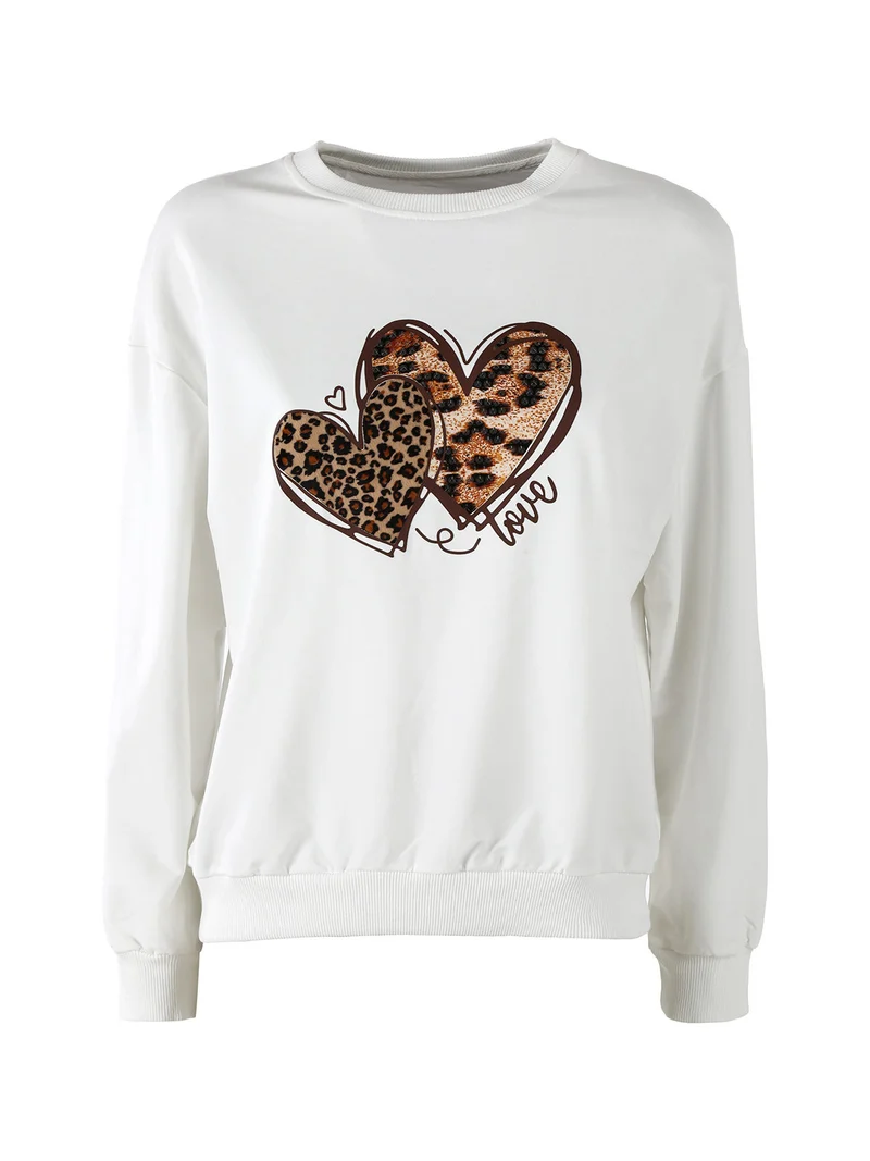Felpa donna girocollo con stampa cuori animalier - bianco