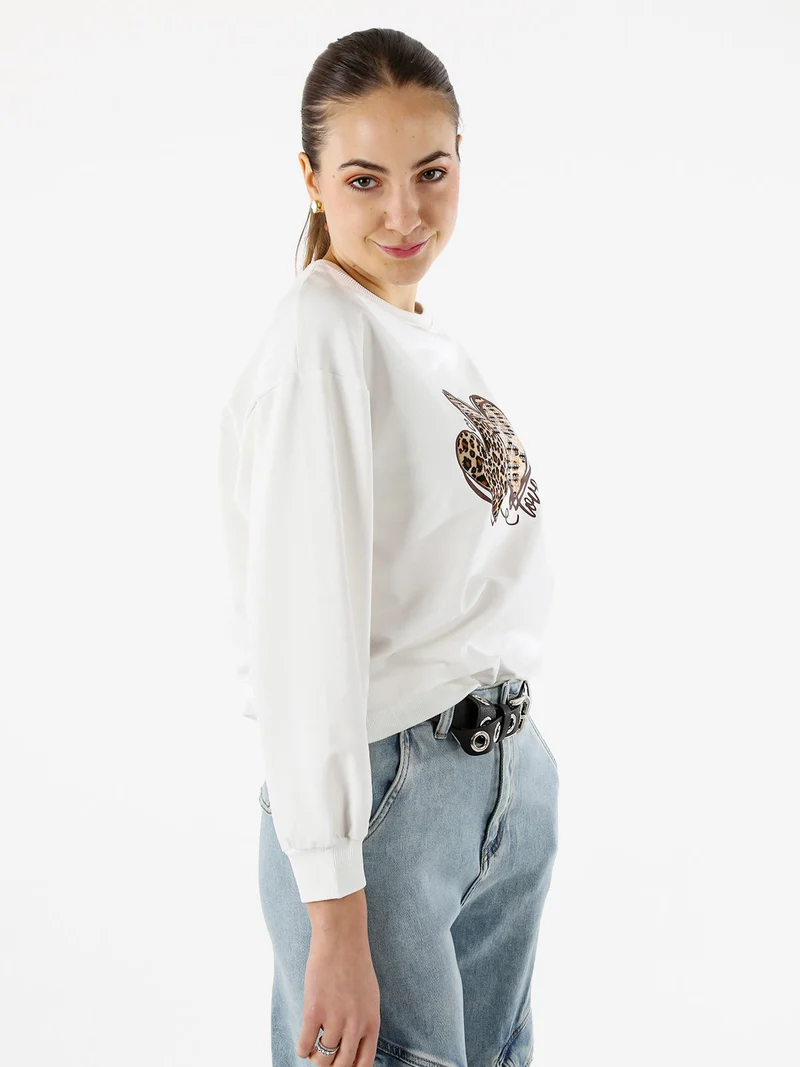 Felpa donna girocollo con stampa cuori animalier - bianco