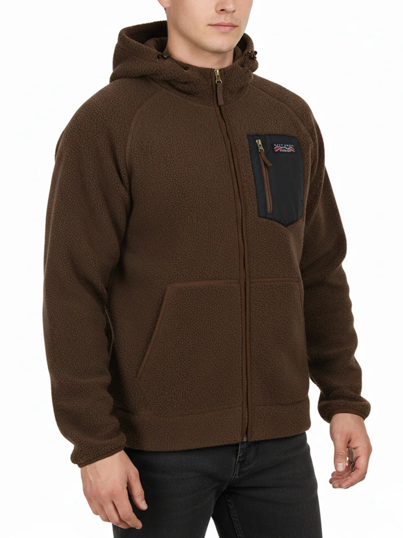 Felpa teddy in pile da uomo con cappuccio e zip - marrone