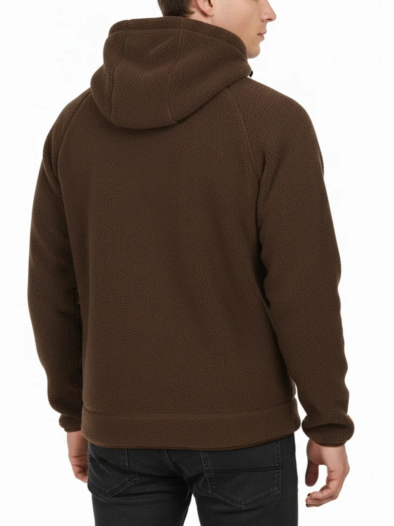 Felpa teddy in pile da uomo con cappuccio e zip - marrone