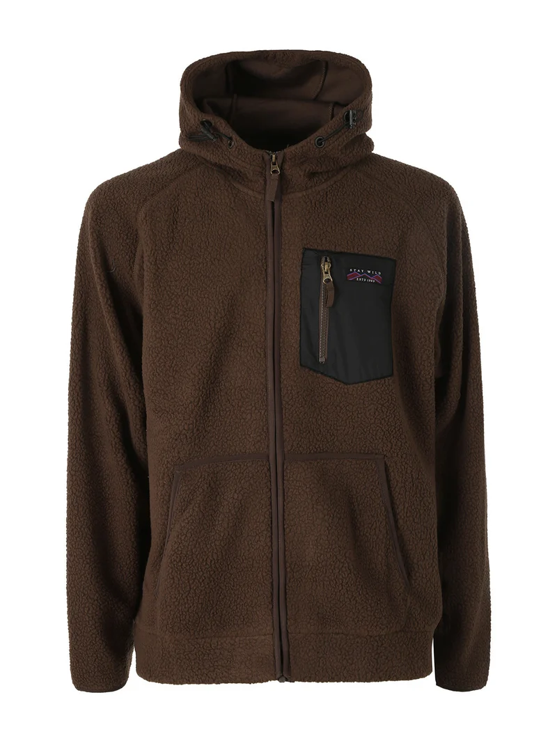 Felpa teddy in pile da uomo con cappuccio e zip - marrone