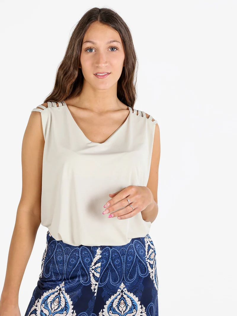 Top donna smanicato con scollo a V linea curvy - beige