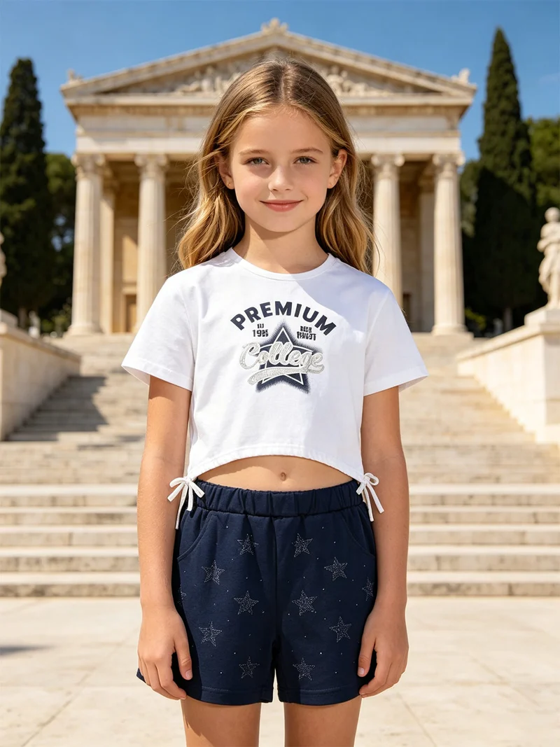 Completo da ragazza 2 pezzi con t-shirt crop e shorts con strass - bianco