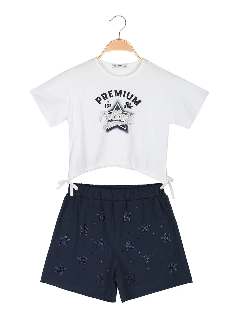 Completo da ragazza 2 pezzi con t-shirt crop e shorts con strass - bianco