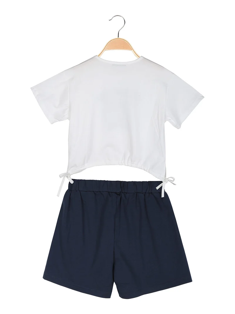 Completo da ragazza 2 pezzi con t-shirt crop e shorts con strass - bianco