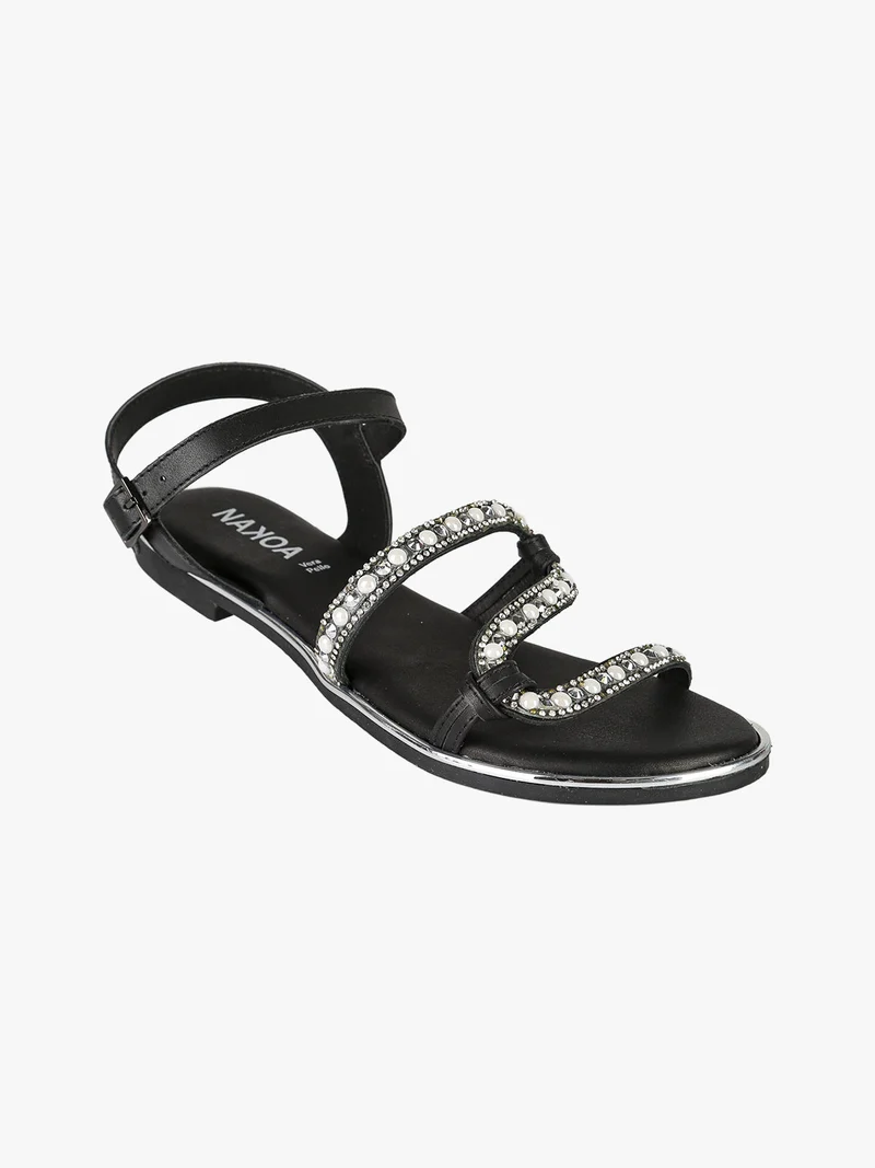 Sandali bassi in pelle da donna con perline e strass - nero