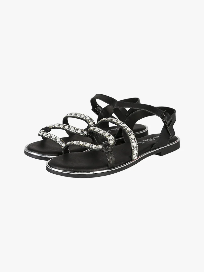 Sandali bassi in pelle da donna con perline e strass - nero