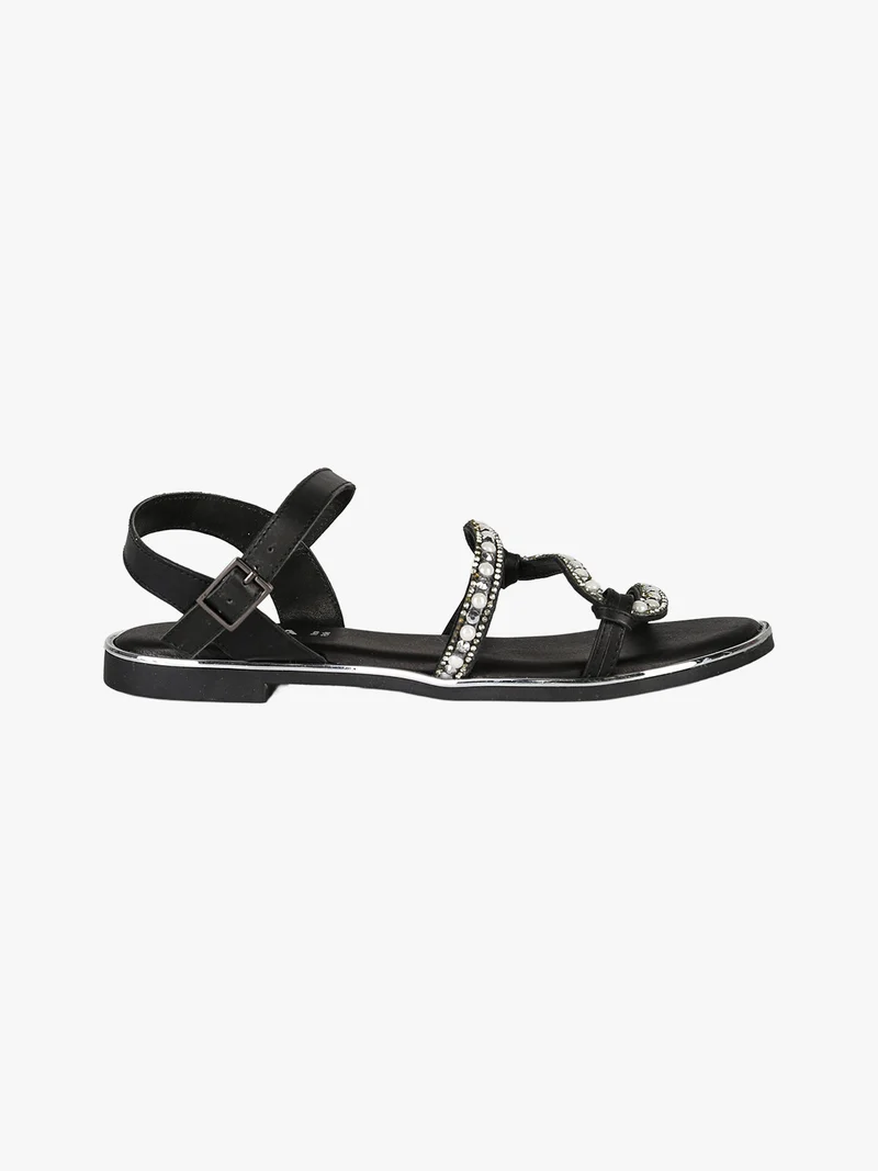 Sandali bassi in pelle da donna con perline e strass - nero