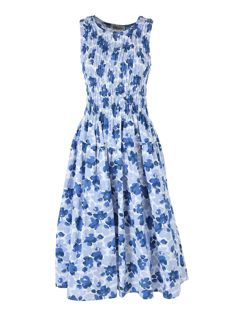 Abito donna smanicato in cotone con stampe - blu