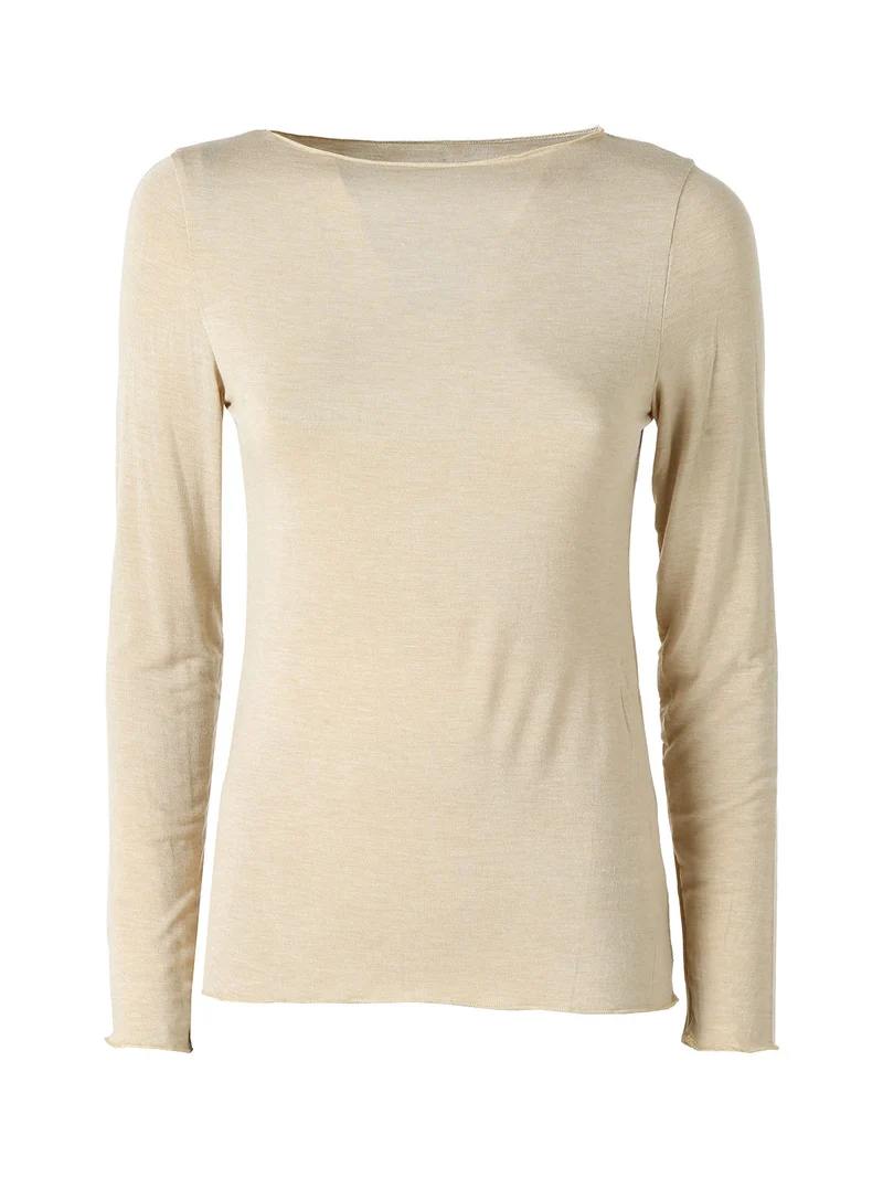 Maglia donna a maniche lunghe con scollo a barchetta - beige
