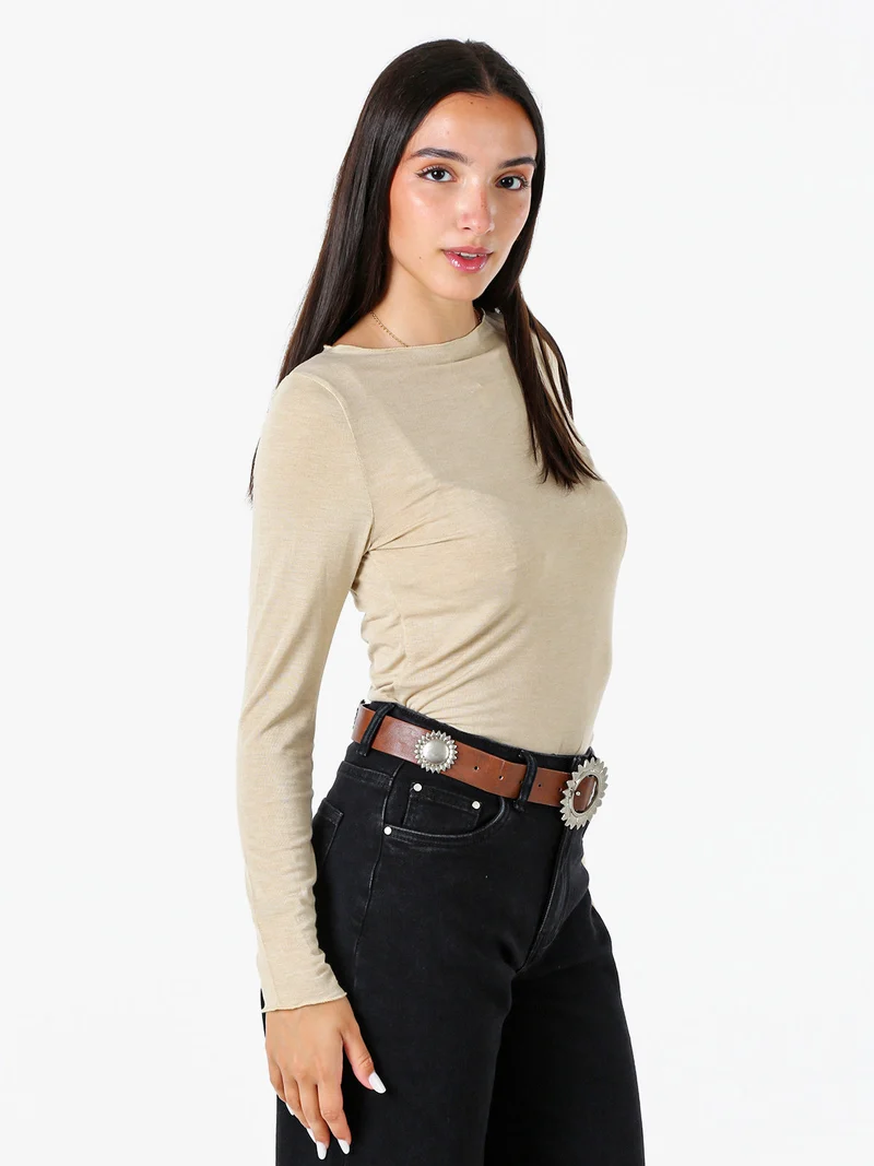 Maglia donna a maniche lunghe con scollo a barchetta - beige