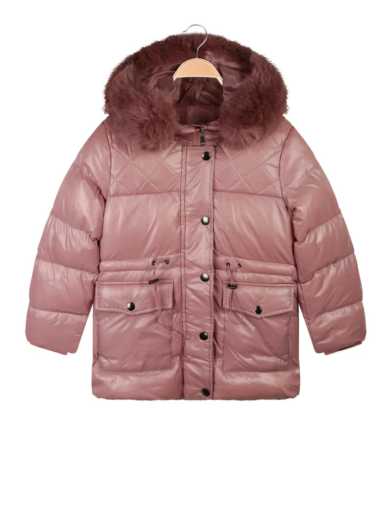 Giubbotto da bambina con cappuccio in ecopelo - rosa