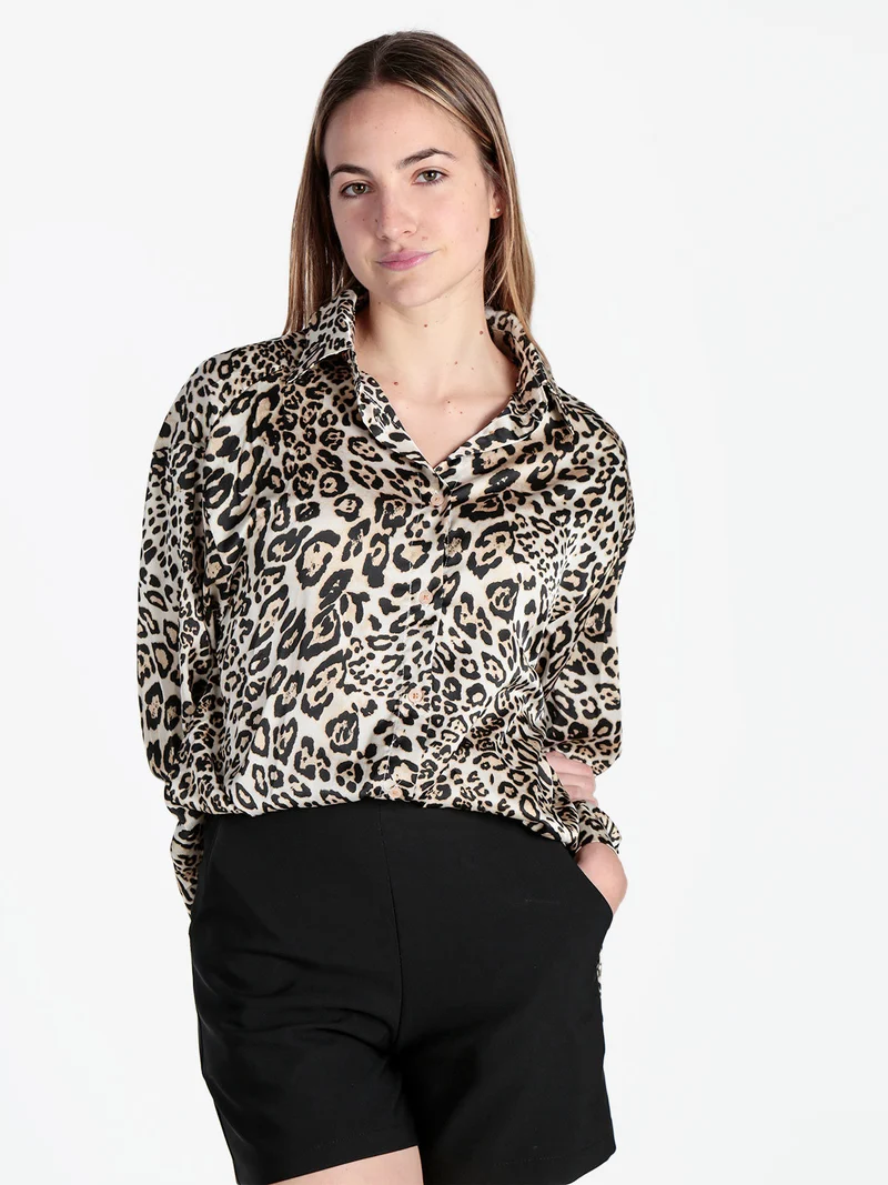 Camicia donna animalier a maniche lunghe - beige