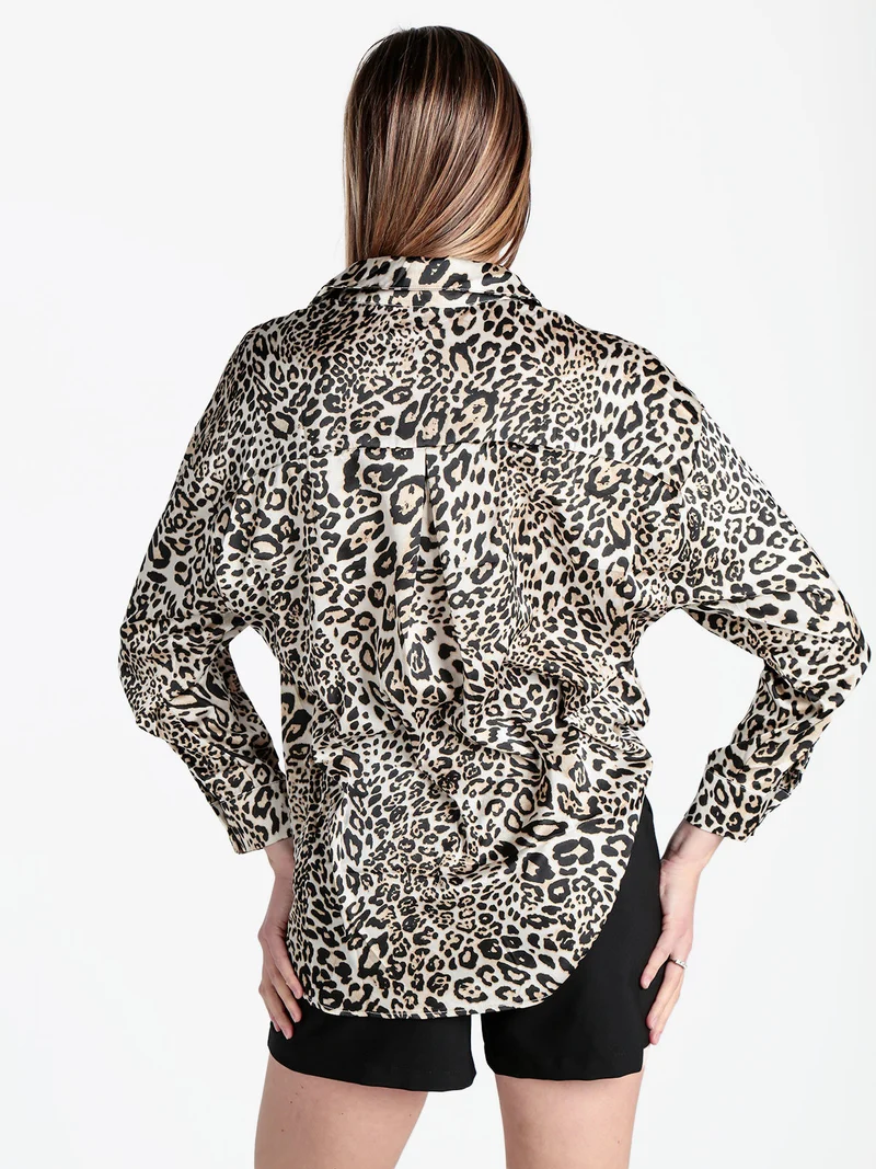 Camicia donna animalier a maniche lunghe - beige