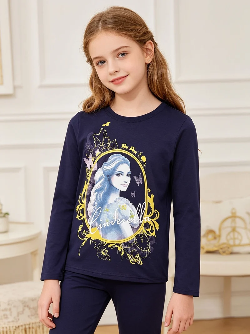 Maglietta Cinderella da bambina a manica lunga - blu scuro