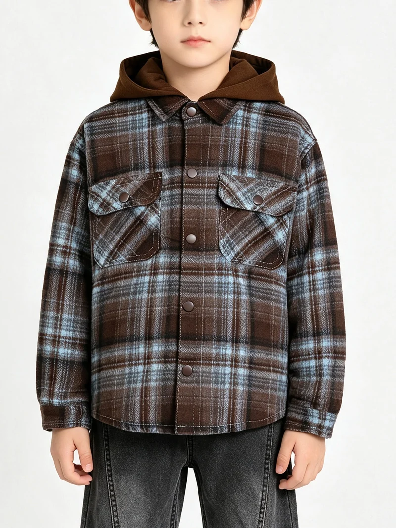 Camicia giacca da bambino in flanella con bottoni e cappuccio - marrone