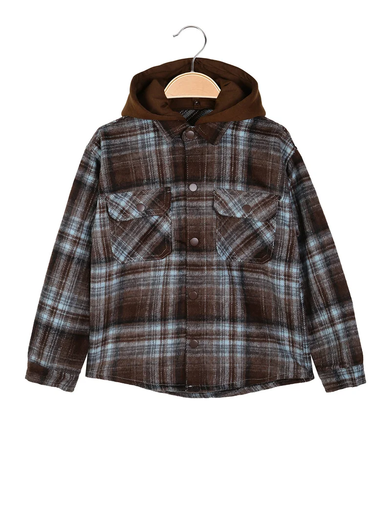 Camicia giacca da bambino in flanella con bottoni e cappuccio - marrone