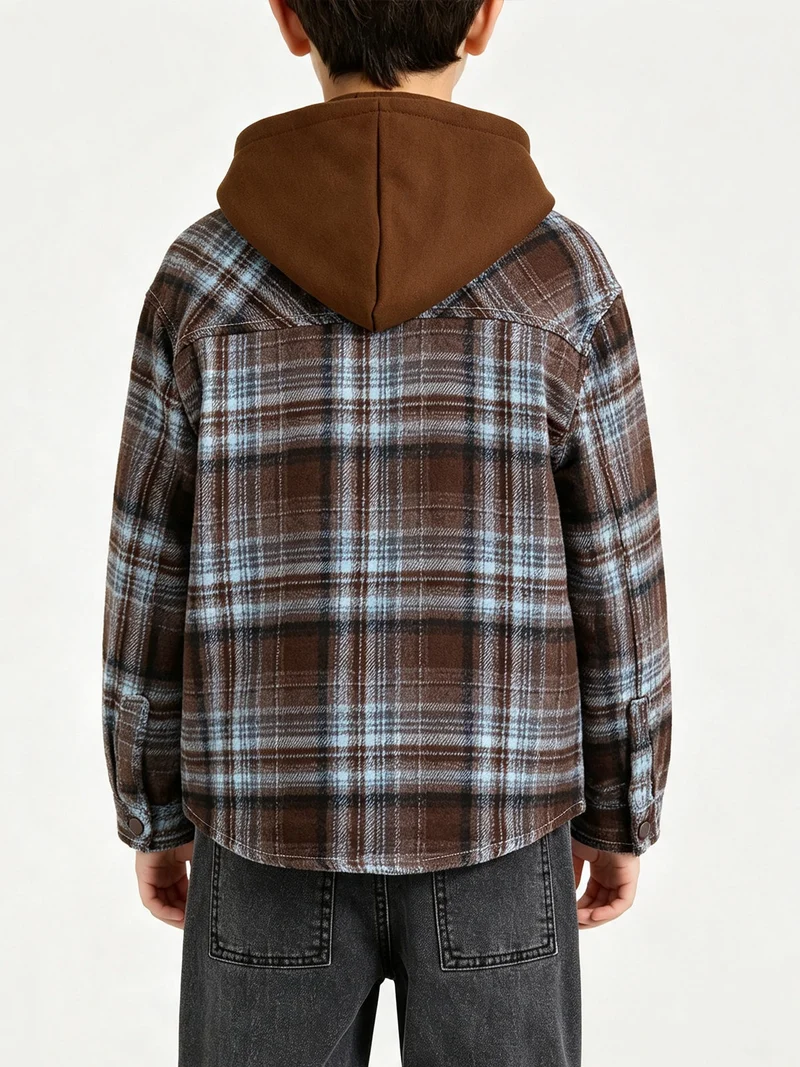 Camicia giacca da bambino in flanella con bottoni e cappuccio - marrone