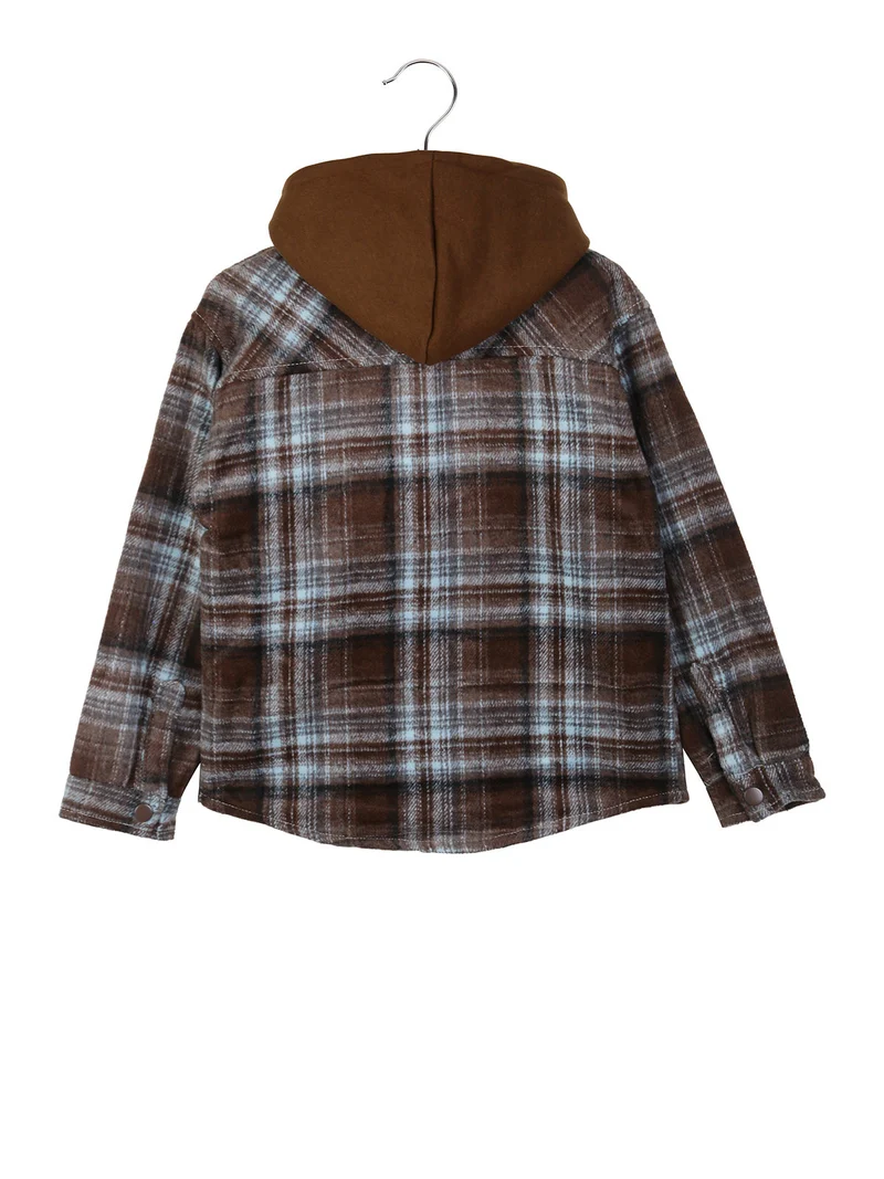 Camicia giacca da bambino in flanella con bottoni e cappuccio - marrone