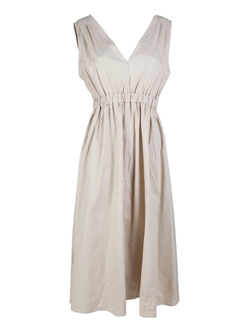 Abito lungo da donna smanicato in misto lino - beige
